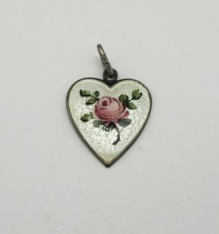 Vintage Sterling Silver And Enamel Painted Rose Flower Heart Pendant