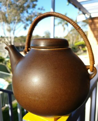 Antique Mid - Century Ceramic Teapot Vintage Stoneware Brown Bamboo.