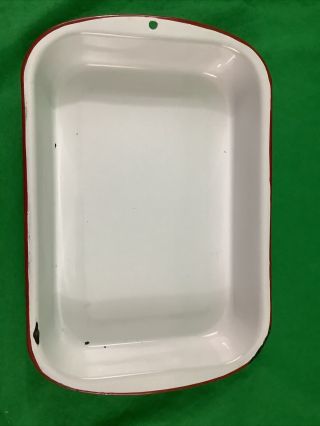 Vintage White Porcelain Enamel Rectangle Enamelware Baking Pan/red Trim (j35)