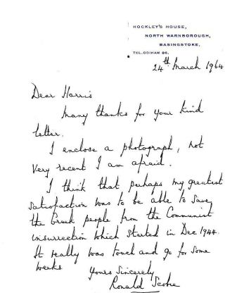 Lieutenant - General Ronald Scobie - Signed Vintage Handwritten Letter
