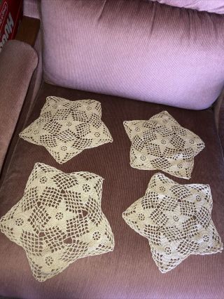 Set Of 4 Vintage Hand Made / Homemade Crocheted Lace Doily Doilies Star Pattern