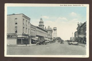 Shelbyville Illinois Downtown Main Street Scene Water Tower Vintage Postcard