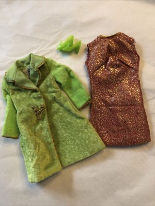 Vintage Mattel Barbie Mod Velvet Venture 1488 Dress Coat Green Pilgrim Shoes