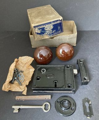 Nos Vintage Corbin Door Rim Box Lock Set W Skeleton Key - Antique Latch Hardware