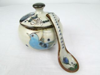 Vtg Ken Edwards Pottery Bird Butterfly Floral Sugar Bowl Lid & Spoon Mexico