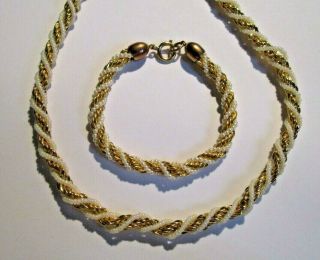 Vintage Trifari Gold Tone & Pearl Twisted Necklace & Bracelet Set 28 "