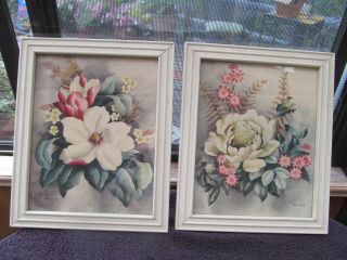 2 Vintage Framed Bernard Air Brushed Style Floral Prints