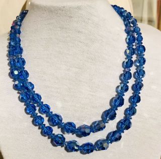Vintage Blue Crystal Necklace With Marcasite Clasp 12 - 14”