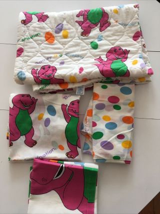 Vtg Barney Friends Toddler Bed Comforter Set.  Fitted,  Flat Sheet,  Pillow Case