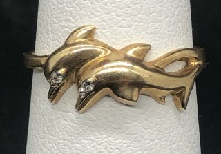 Vintage 10k Gold Dolphin Ring,  Diamond Chip Eyes,  Size 4.  5 2g Bin775