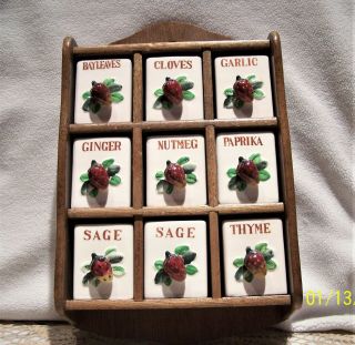Vintage Wooden Wall Mount Spice Rack W/9 Ceramic Spice Drawers - Japan