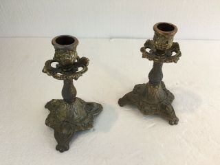 Antique Brass Ornate Metal Candlestick Holder - Victorian Pair - Fish And Floral