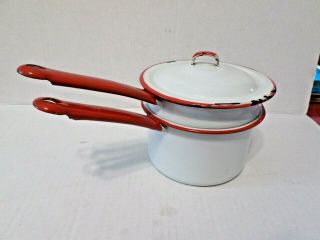 Vintage Red White Enamel Double Boiler Sauce Pan Pot & Lid