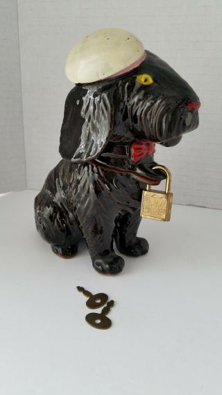 Vintage Ceramic Black Spaniel Dog With Beret Hat Bank And Lock & Key