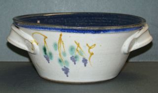 Vintage Mangum Pottery Weaverville,  Nc Bowl W/ Handles Cobalt Blue & White 1989