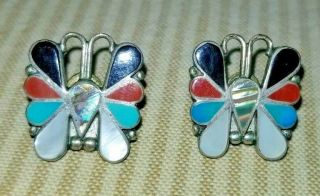 Vintage Native American Sterling Silver Inlaid Stones Butterfly Pierced Earrings
