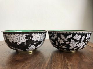2 Chinese Antique Black And White Floral Cloisonne Enamel Bowls
