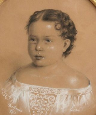 Early 19thC BELLOWS Antique Empire Pastel Portrait Drawing Young Girl NR 3