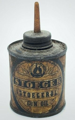 Very Rare Antique Vintage Stoeger Gun Oil Can Tin Oiler Stoegerol Stoeger Arms