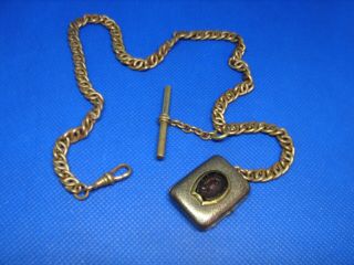 Antique Gold Filled Pocket Watch Chain Horse Head Gem Locket Fob 16 "