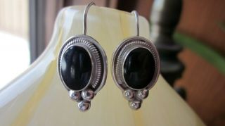 Vintage 925 Mexico Sterling Silver Black Onyx Hook Earrings