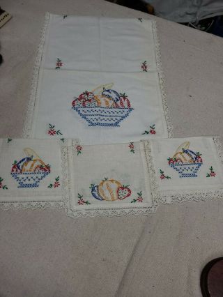 4 Piece Vintage Embroidered Dresser Scarf Set Or Runner