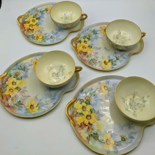 Antique Set 4 Hand Painted Porcelain China Snack Plate And Tea Cup Set Bavaria