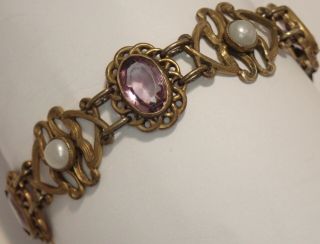 Antique Edwardian Art Nouveau Gold Gilt Pearl Amethyst Paste Bracelet