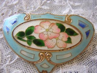 Large Antique Art Nouveau Gilded Sterling Silver And Enamel Pin,  Wild Roses