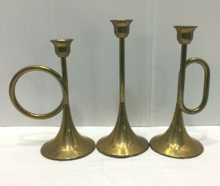 Set Of 3 Vintage Brass Horn Candlesticks