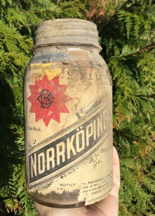 Antique Vtg Adverting Norrkoping Us Tobacco Quart Canning Fruit Jar Paper Label