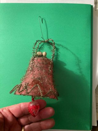 Antique Victorian Glass Red Bell Wire Tinsel Wrapped Christmas Ornament