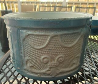 Antique Stoneware Blue White Butter Crock Draped Window Pattern With Lid