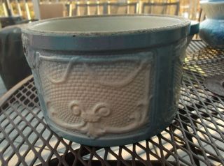 Antique Stoneware Blue White Butter Crock Draped Window Pattern with Lid 3