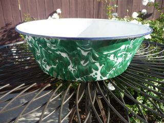 Antique Usa Porcelain Enamel Green & White Swirl Emerald Ware Graniteware Pan