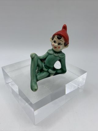 Vintage Japan Green Christmas Elf Pixie Fairy Red Cap Figurine 3 " Ceramic Japan