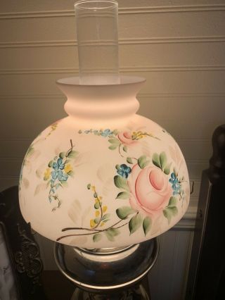 Antique Oil Lamp Opal Glass Shade Hand Painted Roses Measurements In Photo
