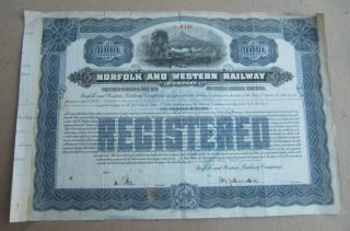 Old Vintage 1913 - Norfolk And Western Railway - Bond Certificate - $1,  000