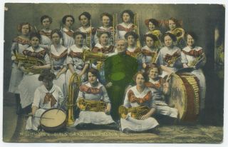 Antique Postcard Of Girls Band In Williamston Michigan Circa 1913 Handtinted Pho