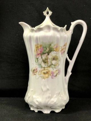 Antique Rs Prussia Germany Porcelain 9.  " Chocolate Coffee Pot Flowers Wild Roses