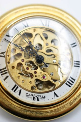 Vintage Caravelle Skeleton Pocket Watch Gold Tone