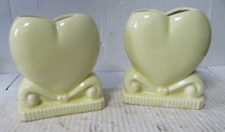 2 Vintage Valentine Yellow Ceramic Pottery Heart Shape Planters Vases
