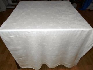 68x86 Vtg Antique White Irish Linen Damask Tablecloth