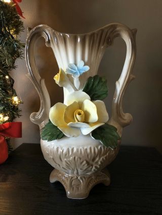 Capodimonte Italian Porcelain Vase Pitcher 11” Italian Floral Roses Vintage