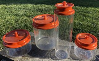Vintage Retro Tupperware Clear Acrylic Orange Push Button Lid Canister Set Of 4