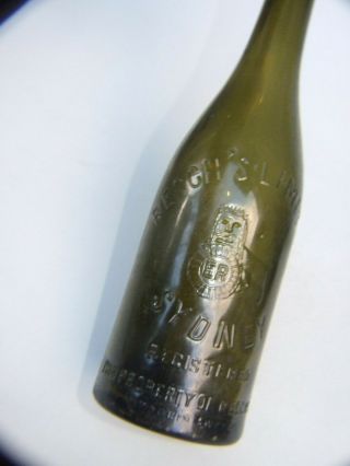 Antique Resch’s Limited Sydney Beer Green Glass Bottle Embossed Lion Vintage