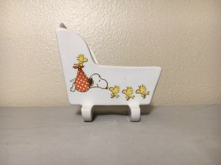 Vintage Peanuts Snoopy & Woodstock Ceramic Baby Cradle Planter