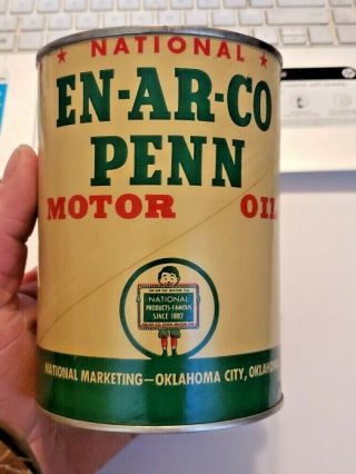 Vintage National En - Ar - Co Enarco One Quart Motor Oil Can Composite
