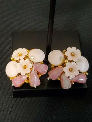 Vintage Belini Pink Stone Flowered Clip - On Earrings Goldtone Rhinestone Studded