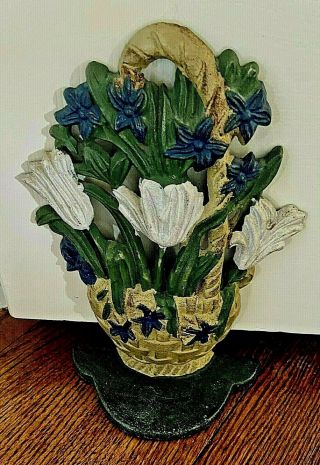 Antique Cast Iron Mixed Bouquet Basket Of Flowers Door Stop With Paint